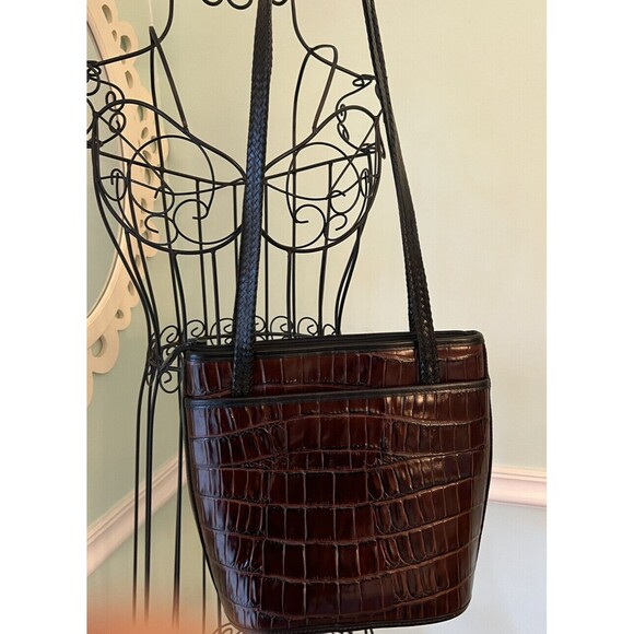 BRIGHTON Black Brown Croc Leather Bucket Tote Shoulder Handbag Double Handles - Picture 3 of 7